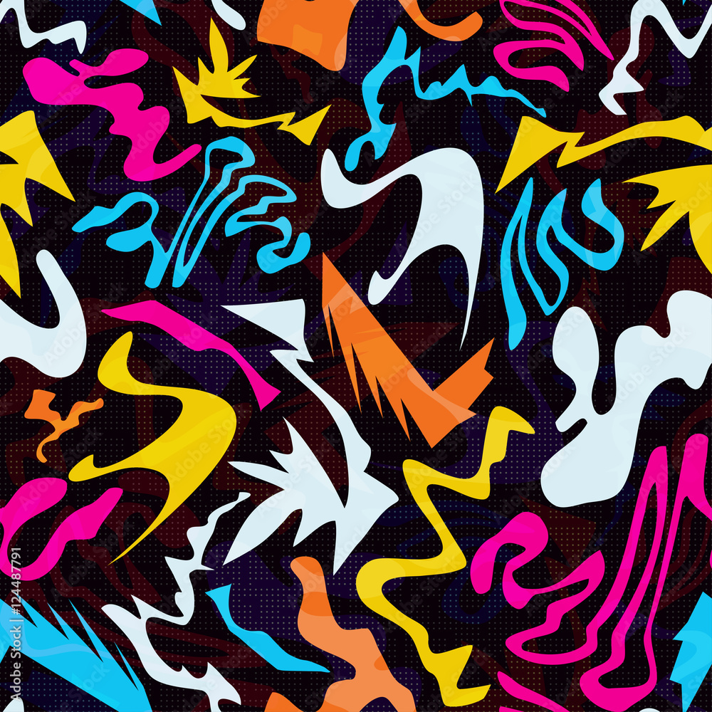 Graffiti bright psychedelic seamless pattern on a black background vector illustration Graffiti bright psychedelic seamless pattern on a black background vector illustration