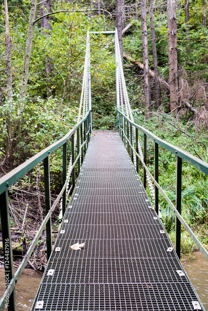 Diminishing perspective of metal suspension footbridge over rive Diminishing perspective of metal suspension footbridge over rive