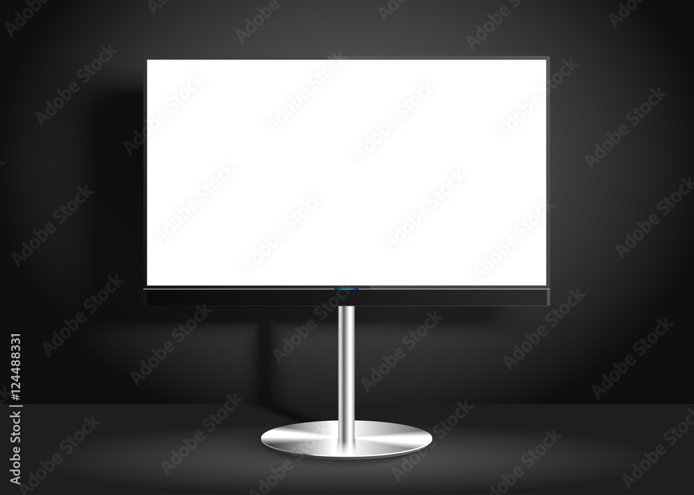 Flat Smart TV with blank screen on the Floor Stand, room, flat screen lcd, realistic, vector Mockup Flat Smart TV with blank screen on the Floor Stand, room, flat screen lcd, realistic, vector Mockup