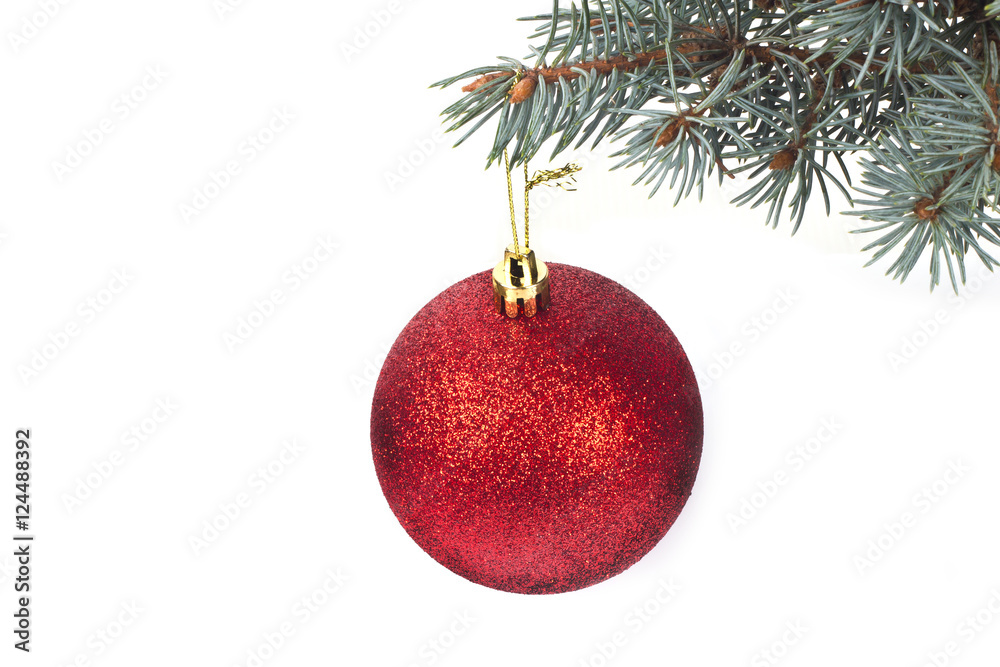 Christmas ball on a branch on a white background Christmas ball on a branch on a white background
