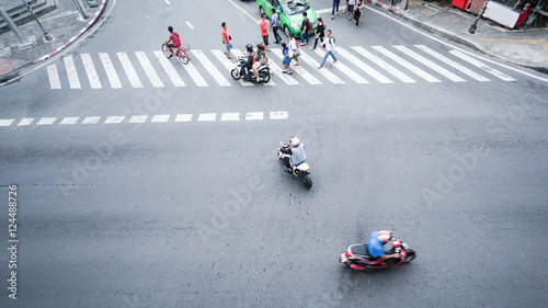 Canvas Print street on the top view with people are going across crosswalk sign on the road a