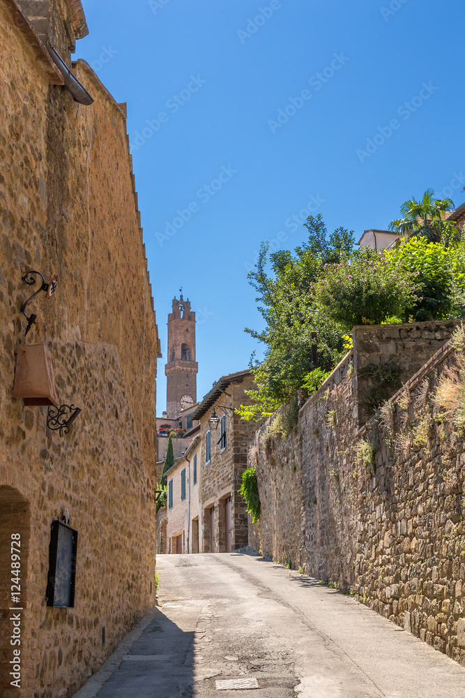 Naklejka premium Montalcino, Italy. Landscape with a bell tower in the old town