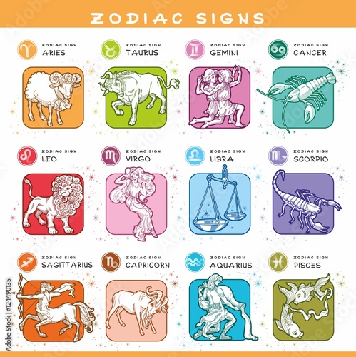 Set of Zodiac Symbols. Colored Icons of 12 Zodiac Signs. Traditional Images in Illustrations.