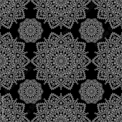 Seamless oriental pattern. Black and white floral medallion print.