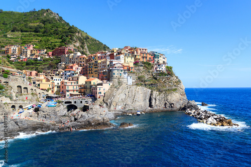 Cinque Terre village Manarola with colorful houses and Mediterranean Sea  Italy