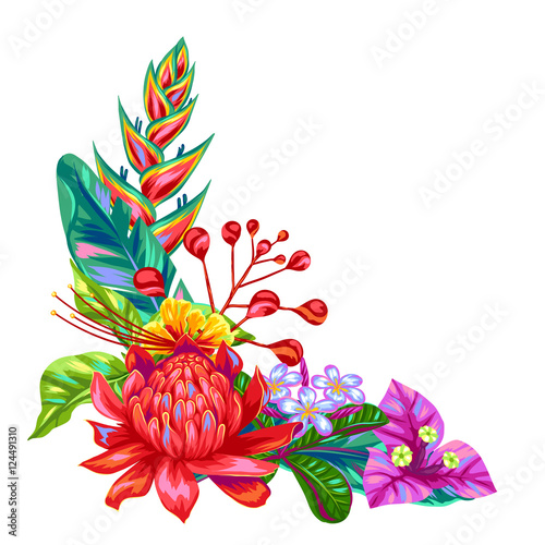 Decorative object with Thailand flowers. Tropical multicolor plants, leaves and buds