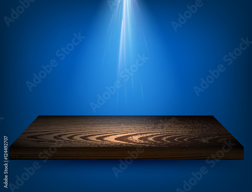 Blue background with wooden shelf.