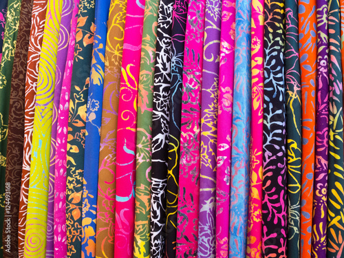 Colorful sarongs on sale in the market at Ubud in Bali, Indonesia.