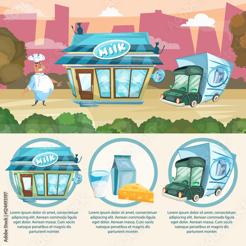 Milk shop infographics dairy products milkman delivery truck