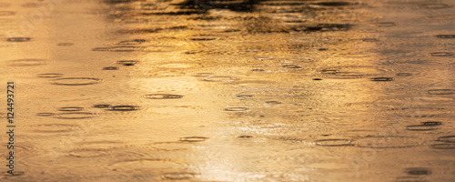Ripples created by falling rain in a wild river, under warm sunset light