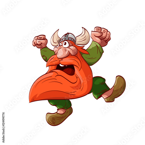 Colorful vector illustration of a cartoon dwarf warrior, wearing green clothes and horned helm, jumping, acting crazy, battle cry.