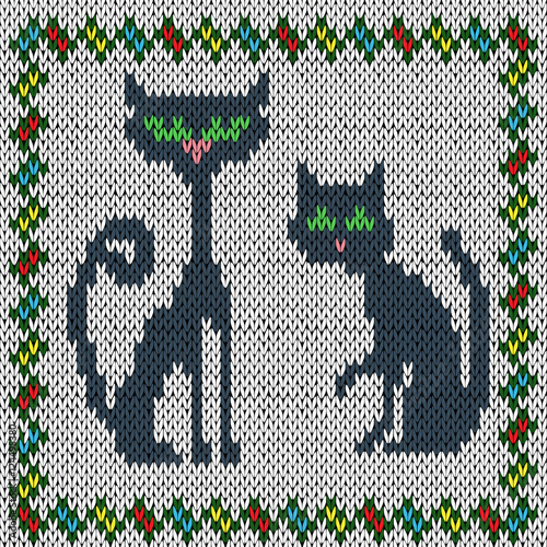 Knitting fabric pattern with two grey cats