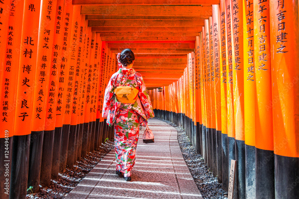 Women In Kimono Stand At Red Torii Gates In Fushimi Inari Shrine One Of Famous Landmarks In Kyoto Japan Stock Photo Adobe Stock