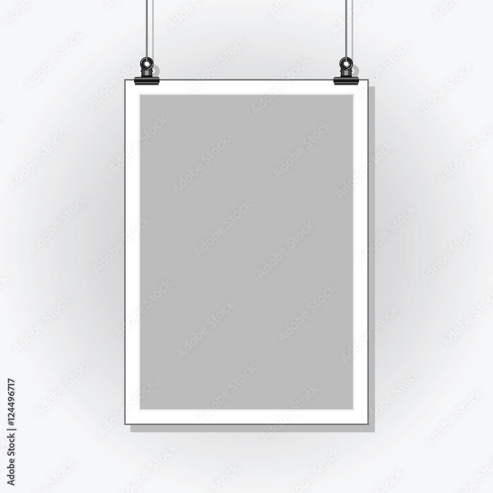 Template Poster. Blank paper in a light frame hanging with clips Template Poster. Blank paper in a light frame hanging with clips