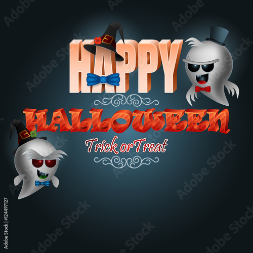 Holiday, background with 3d text and  ghosts dress up with top hat and bow tie, for Halloween, event celebration
