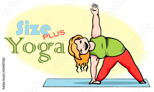 Happy fat lady doing yoga. Healthy lifestyle, weight loss, slimm photo