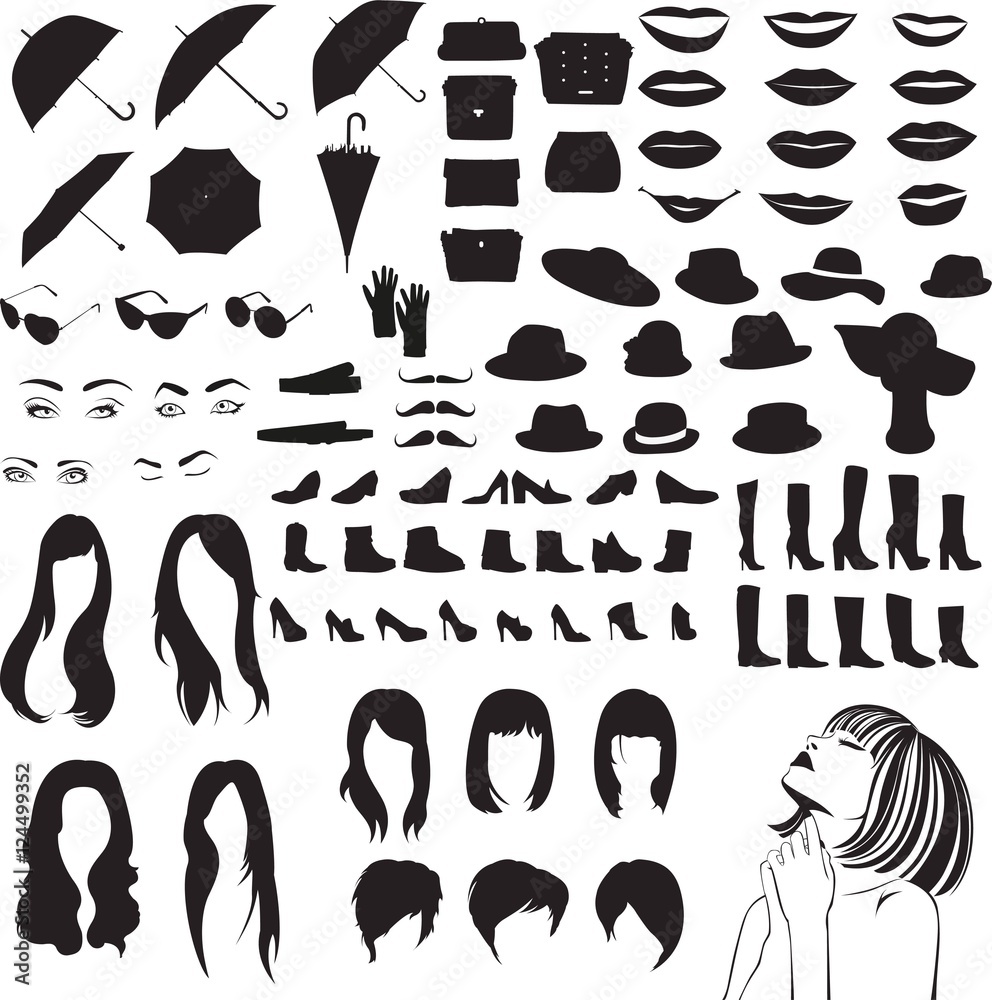 Silhouettes of women's accessories, shoes and other items of women's style Silhouettes of women's accessories, shoes and other items of women's style