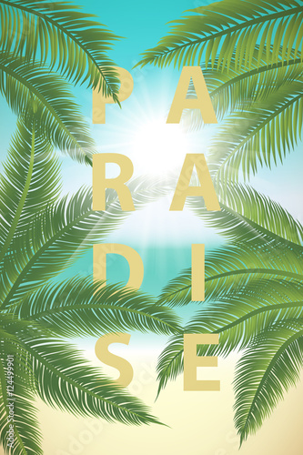 Summer sunny tropical paradise. Seacoast with palm leaves backgr