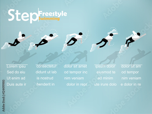 beautiful info graphic isometric design of the step of freestyle swimming with copy space, freestyle swimming info graphic design concept