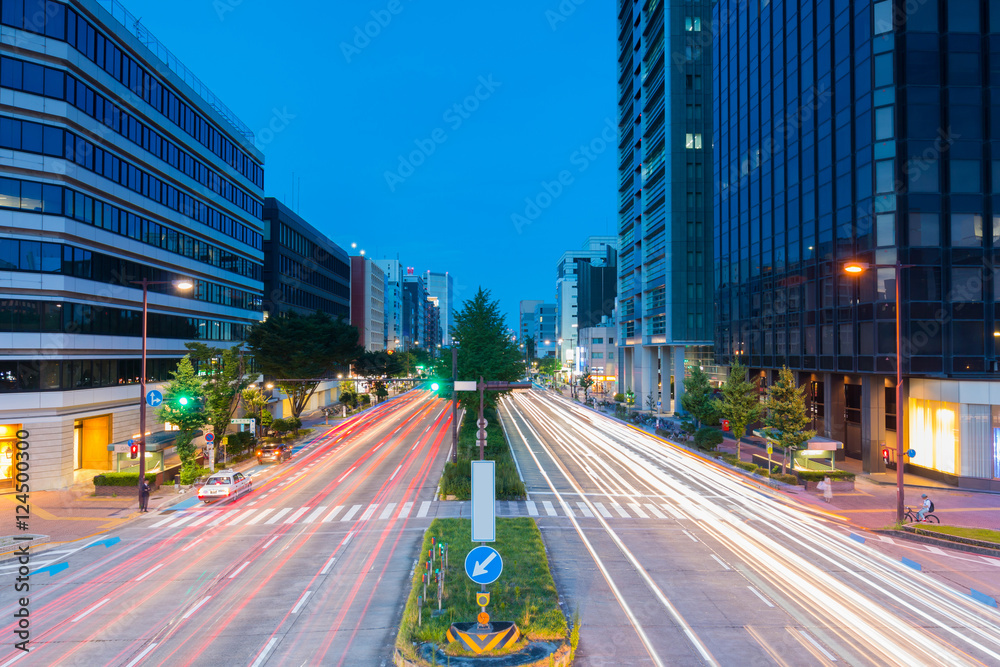 Fototapeta premium light trails on the street at dusk in sakae,nagoya japan.