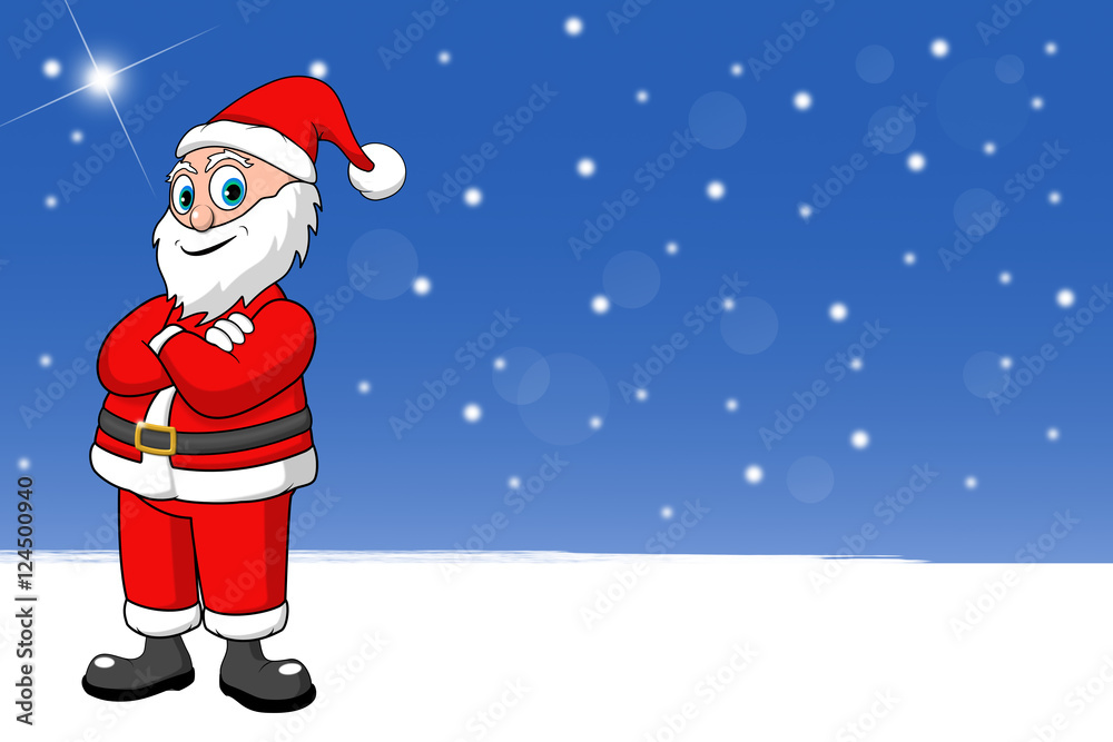 Nikolo Santa steht im Schneefall zu Weihnachten, copy space, cartoon Nikolo Santa steht im Schneefall zu Weihnachten, copy space, cartoon