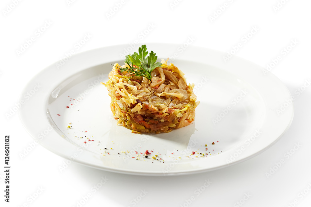 Garnish - Braised Cabbage on White Plate
