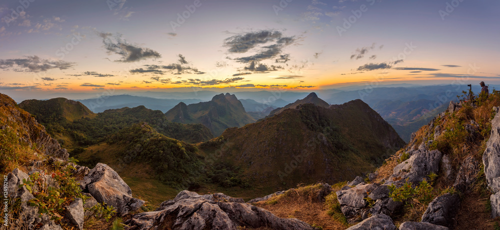 Layer of mountains and mist at sunset time, Landscape at Doi Luang Chiang Dao, High mountain in Chiang Mai Province, Thailand