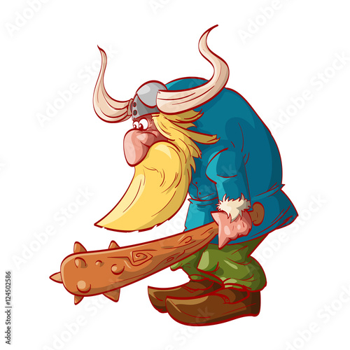 Colorful vector illustration of a cartoon dwarf warrior, wearing a horned helm, armed with a big club.