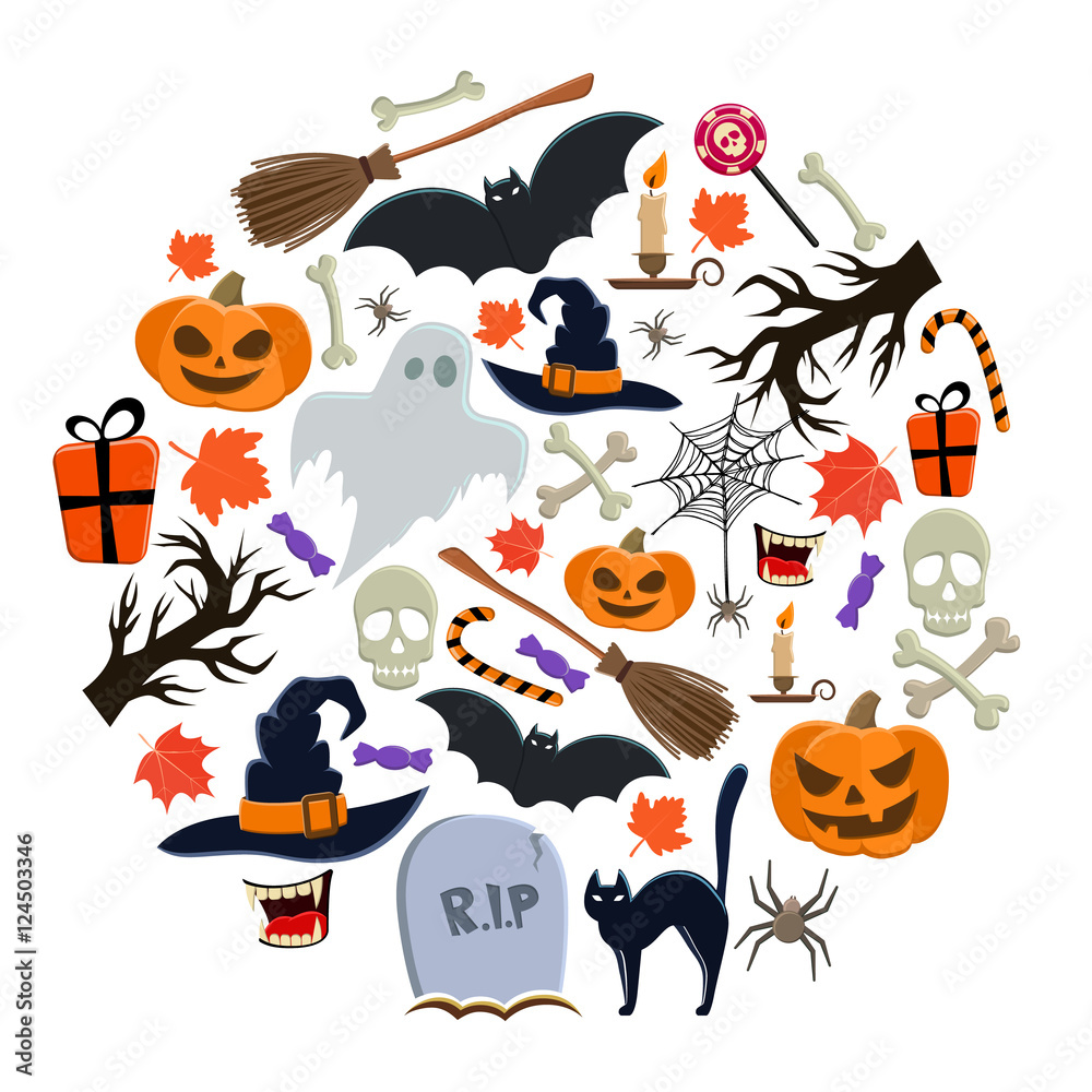 Set of Halloween icons in circle shape background Set of Halloween icons in circle shape background
