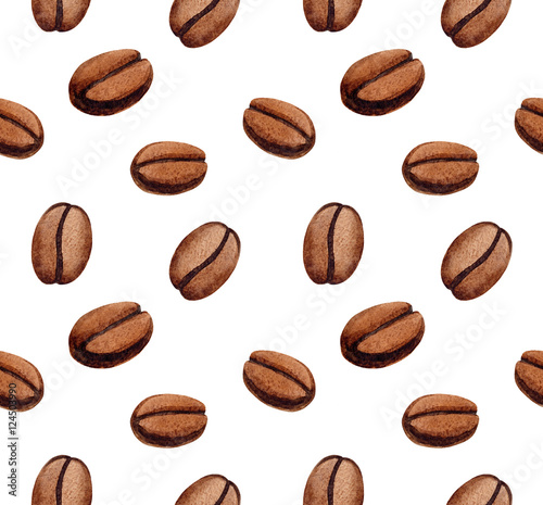 Seamless pattern with watercolor hand painted coffee beans