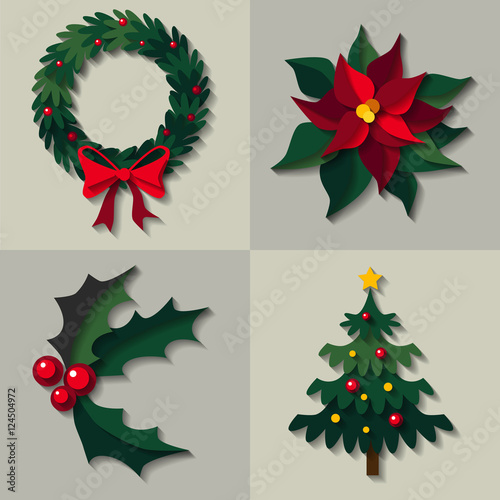 Vector set of christmas green floral decorations - wreath with bow, Poinsettia flower as know as Christmas star, omela and decorated christmas tree. Icon image made in layers paper cut style