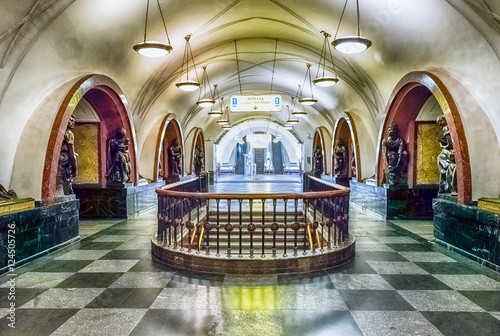Interior of Ploshchad Revolyutsii subway station in Moscow, Russ