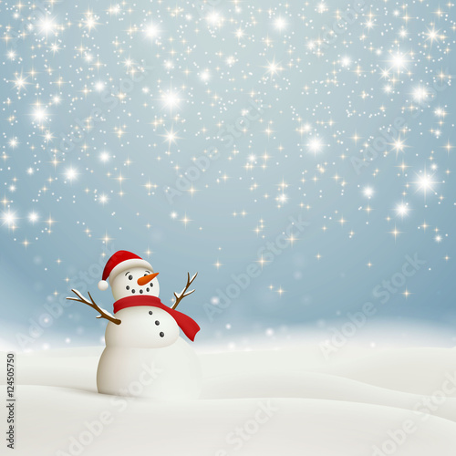 Vector Illustration of an Abstract Christmas Greeting Card with Sparkling Stars and a Snowman