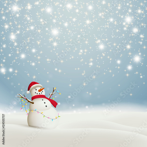 Vector Illustration of an Abstract Christmas Greeting Card with Sparkling Stars and a Snowman