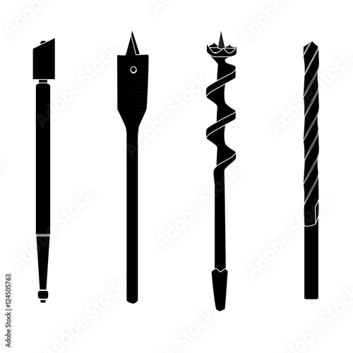 Set of four repair tools, double-twist auger bit, glass-cutter, solid centre auger bit, spade bit, twist bit, silhouettes with white details. Illustration for web or typography.