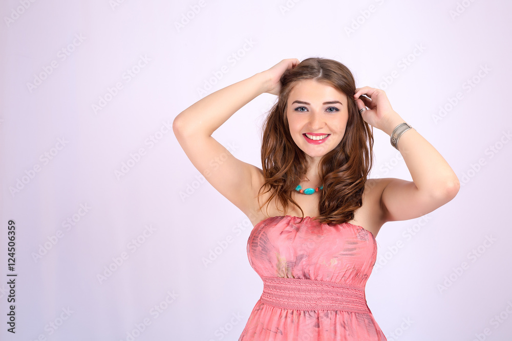 Young beautiful woman with large Breasts and healthy hair. Stock Photo