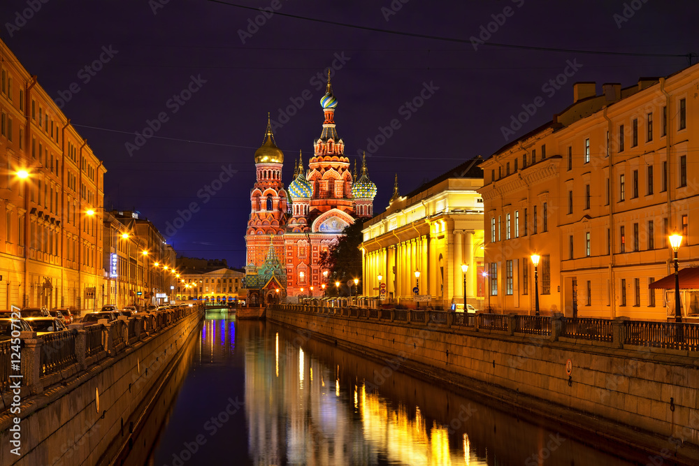 Church of the Resurrection of Christ (Savior on Spilled Blood) at night, St Petersburg, Russia.
