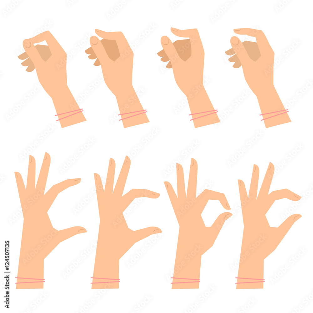 Various gestures of female hands on a white background. Vector flat illustration of woman's hands in different situations. Vector design elements for infographic, web, internet, presentation, booklet. Various gestures of female hands on a white background. Vector flat illustration of woman's hands in different situations. Vector design elements for infographic, web, internet, presentation, booklet.