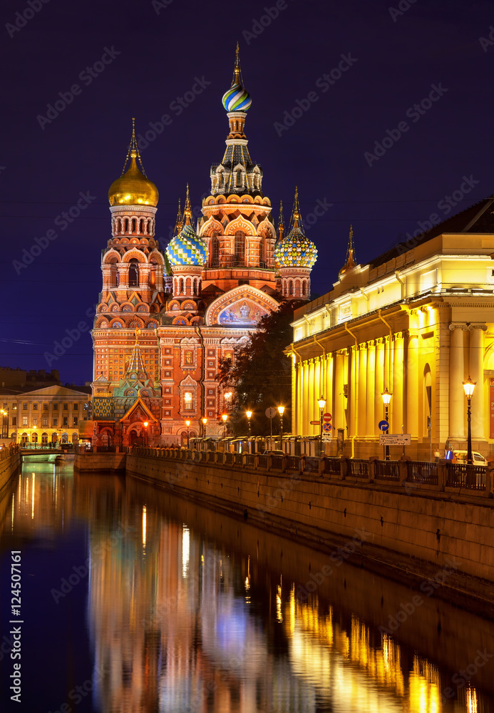Church of the Resurrection of Christ (Savior on Spilled Blood) at night, St Petersburg, Russia.