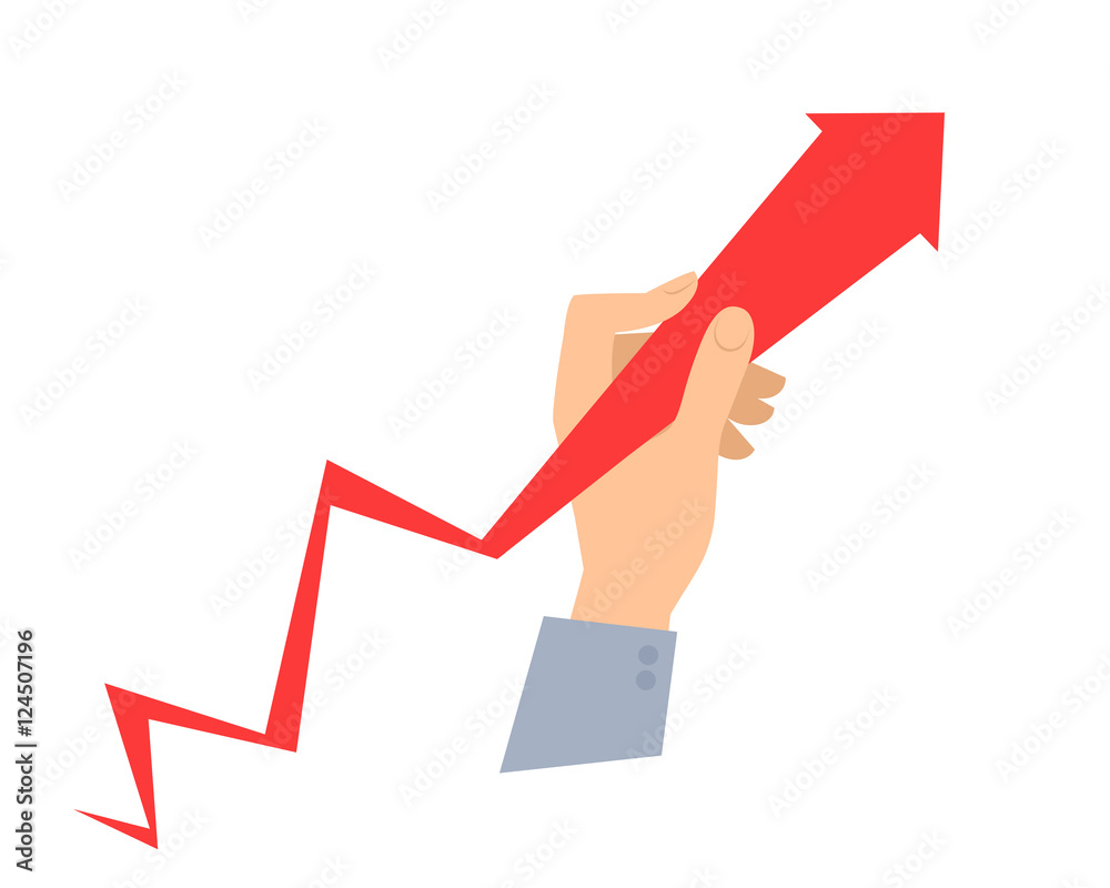 Hand holds arrow graph and pulls it up to improve business. Flat ...