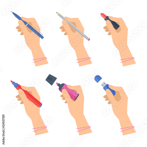Women's hands with writing tools and office supplies set. Flat illustration of human female hands with pen, pencil, highlighter and over stationery. Vector isolated on white background design element.