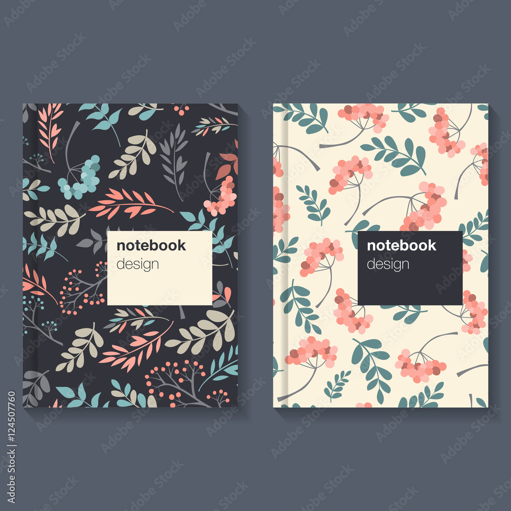 Template for notebook with floral dark background. Vector illustration.