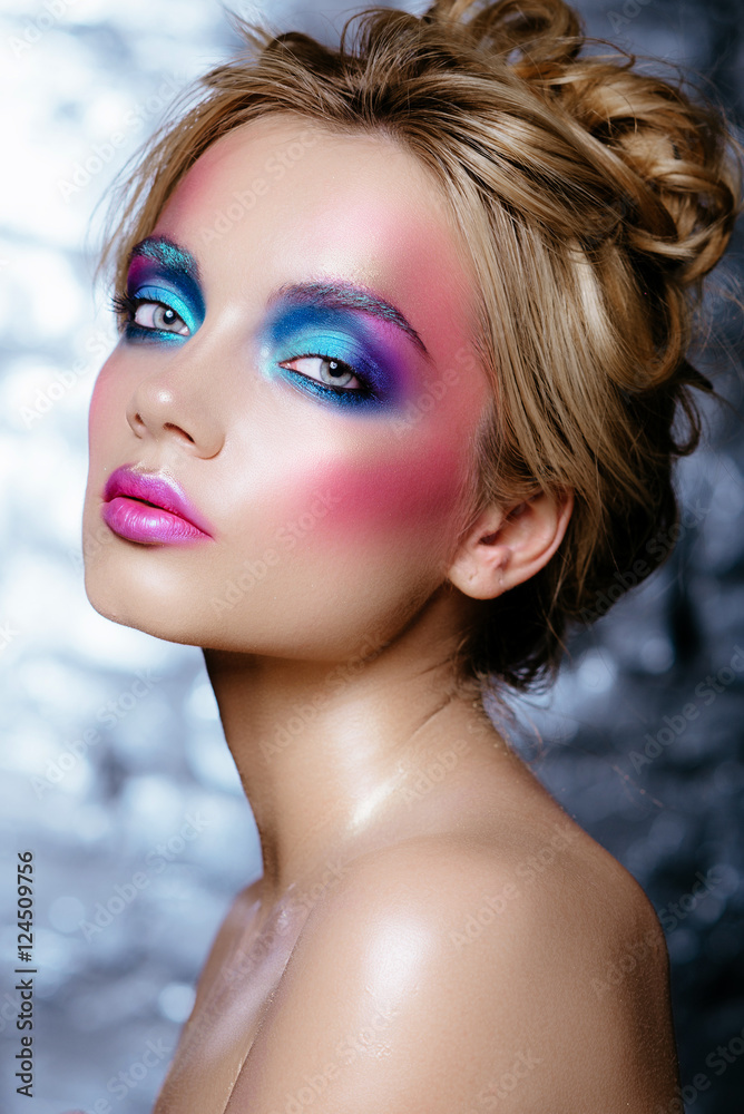High fashion look.glamor closeup portrait of beautiful sexy stylish blond young woman model with bright makeup and pink lips with perfect clean skin High fashion look.glamor closeup portrait of beautiful sexy stylish blond young woman model with bright makeup and pink lips with perfect clean skin