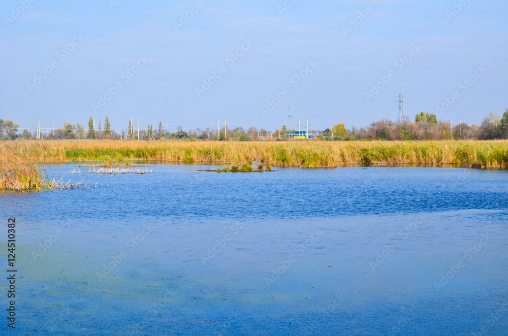 Beautiful lake and blue sky on autumn