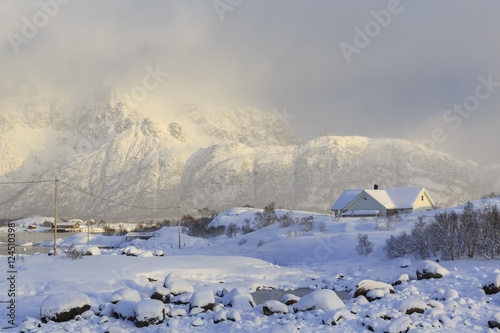 Winter landscape on Vatterfjord on Lofoten Islands  Nordland  Norway