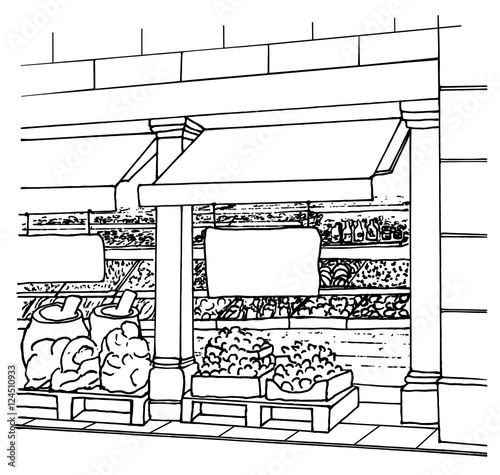 Local Shop entrance with fresh fruits and vegetables in boxes. Farmers market. Village market. Street market. Sketch. Vector
