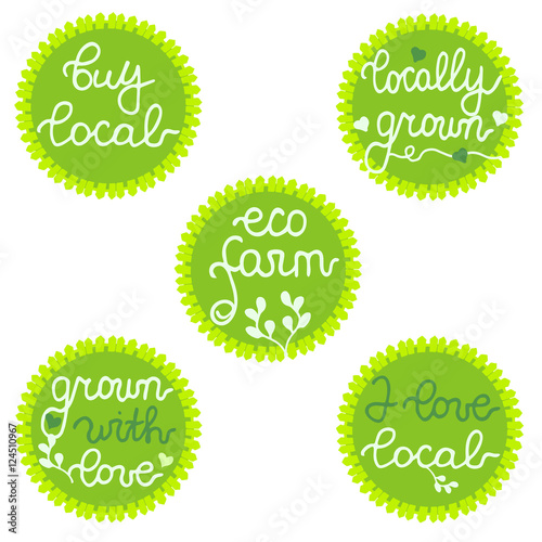 Buy local, Locally Grown, Eco farm. Stamps, badges, labels for farmers market, local business, shop, branding, food store, harvest festival, design, package. Set.