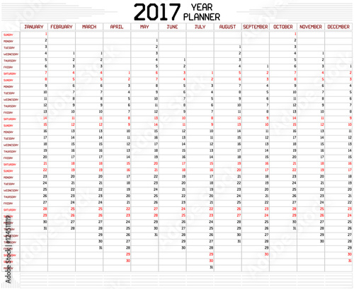 Year 2017 Planner - An annual planner calendar for the year 2017 on white. A custom straight lines thick font is used.