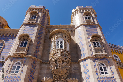 Triton over the lancet arch, Pena National Palace, Romanticist palace in Sintra