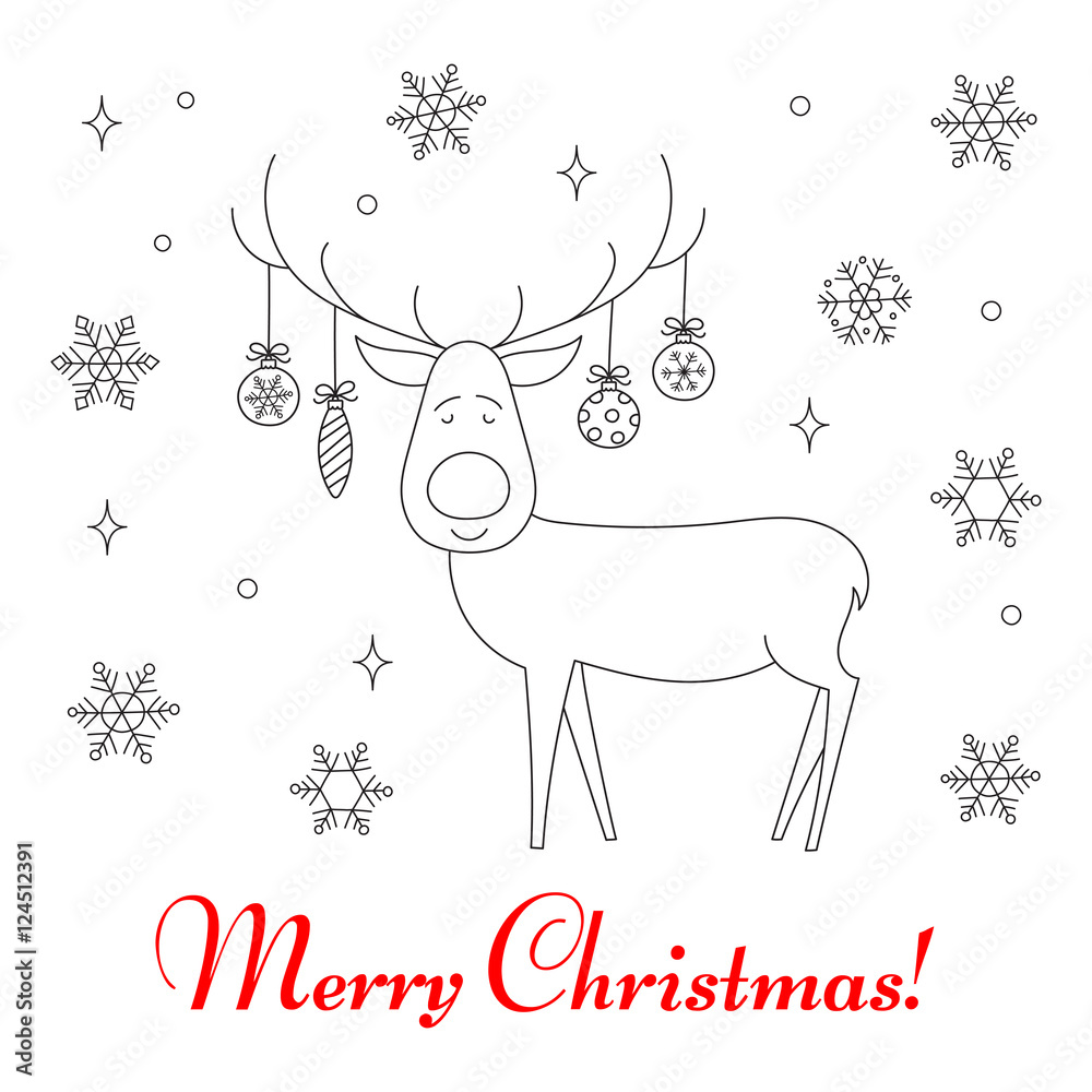 Christmas reindeer and snowflakes, hand drawn line vector illustration. Merry Christmas and Happy New Year greeting card. Christmas reindeer and snowflakes, hand drawn line vector illustration. Merry Christmas and Happy New Year greeting card.